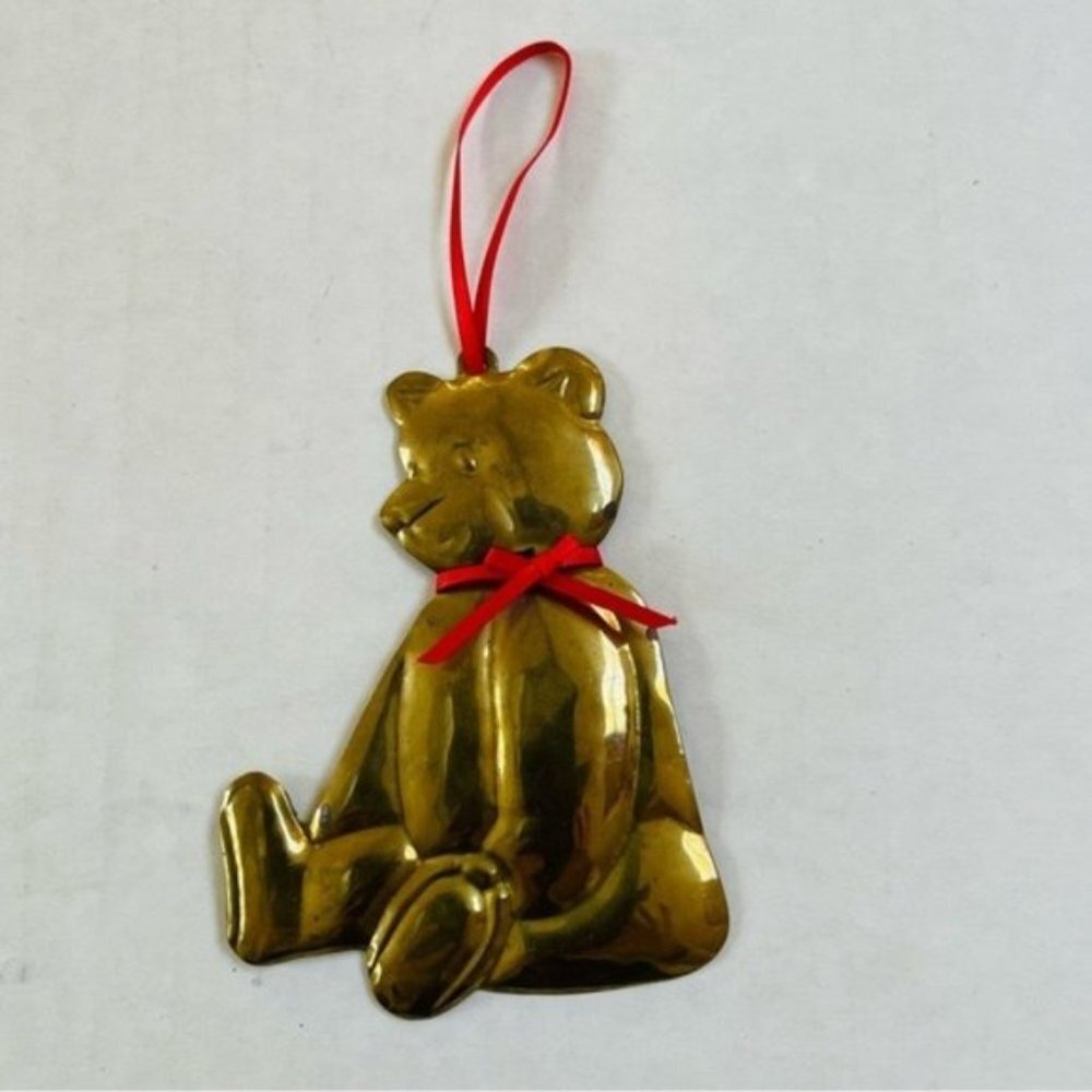 Department 56 Golden Teddy Bear Red Ribbon Christmas Holiday Ornament 4.25 Inch